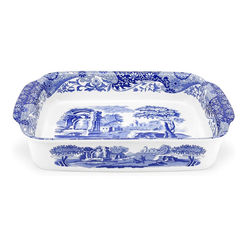 Spode Blue Italian Handled Rectangular Dish - 15" x 12" Porcelain Tableware with Heritage Scroll Border & Scenic Countryside Artwork - Large Decorative Serving Piece for Casserole & Lasagna Bakeware - Image 1